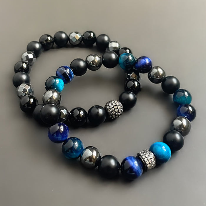Men/Unisex Blue Tiger’s Eye Bracelet Set