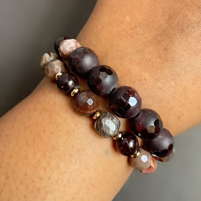 Garnet and Petrified Wood Bracelet Set
