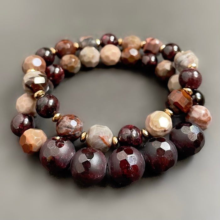 Garnet and Petrified Wood Bracelet Set