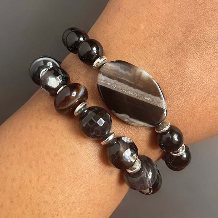 Striped Black Agate Bracelet Set