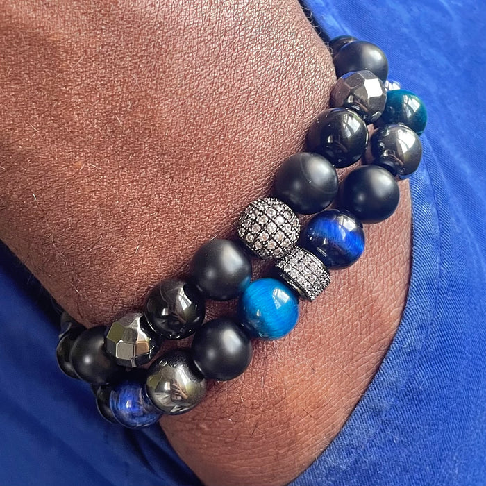 Men/Unisex Blue Tiger’s Eye Bracelet Set
