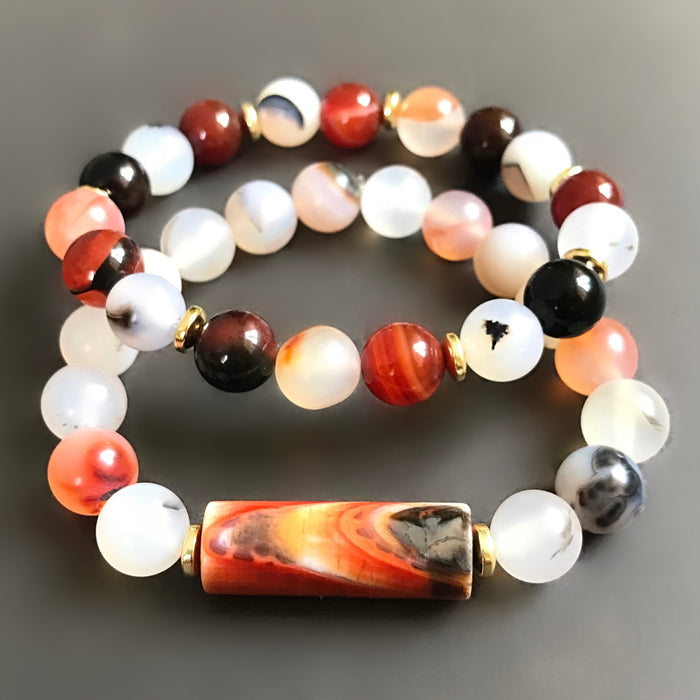 Orange Dendritic Agate Bracelet Set