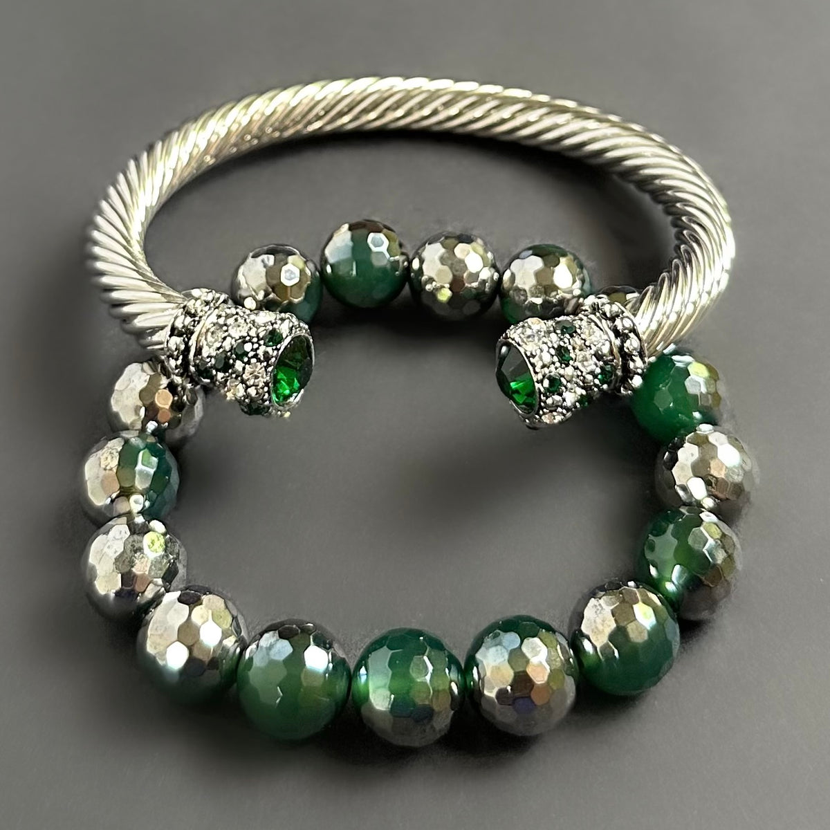 Electroplated Green Agate Bangle Set